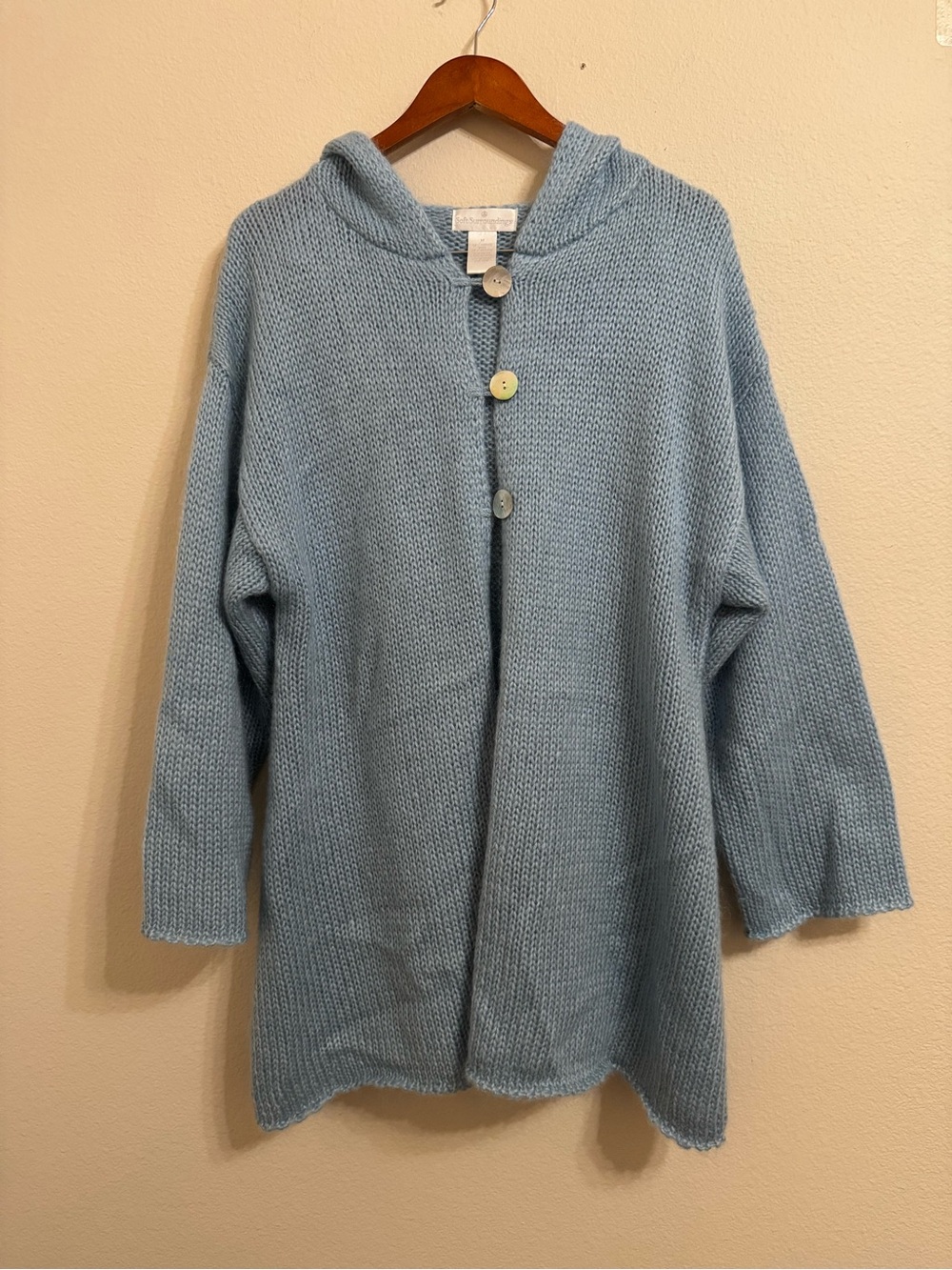 Soft Surroundings Mohair Wool Blend Chunky Knit Hooded Cardigan Sweater Blue